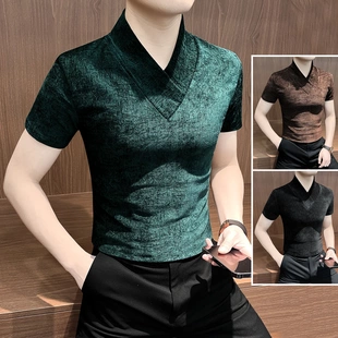 雪尼尔v领男士短袖t恤春夏男款爆款2026新款高级感休闲服男装上衣