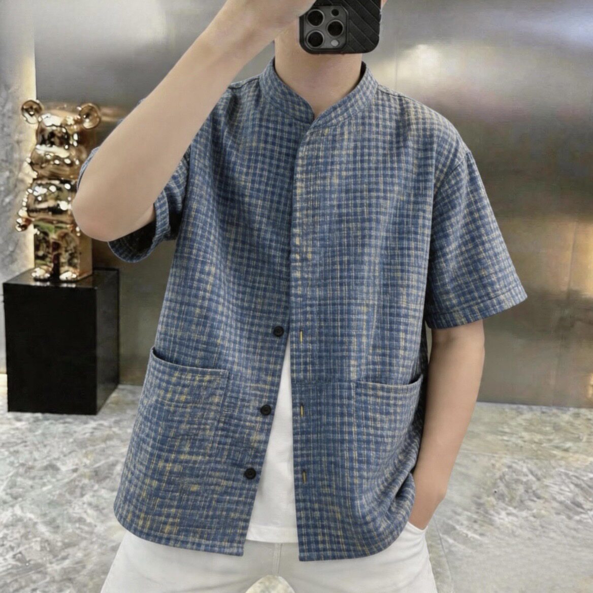 M时尚立领蓝色格子衬衫潮牌男士夏季宽松休闲小众设计感衬衣S321