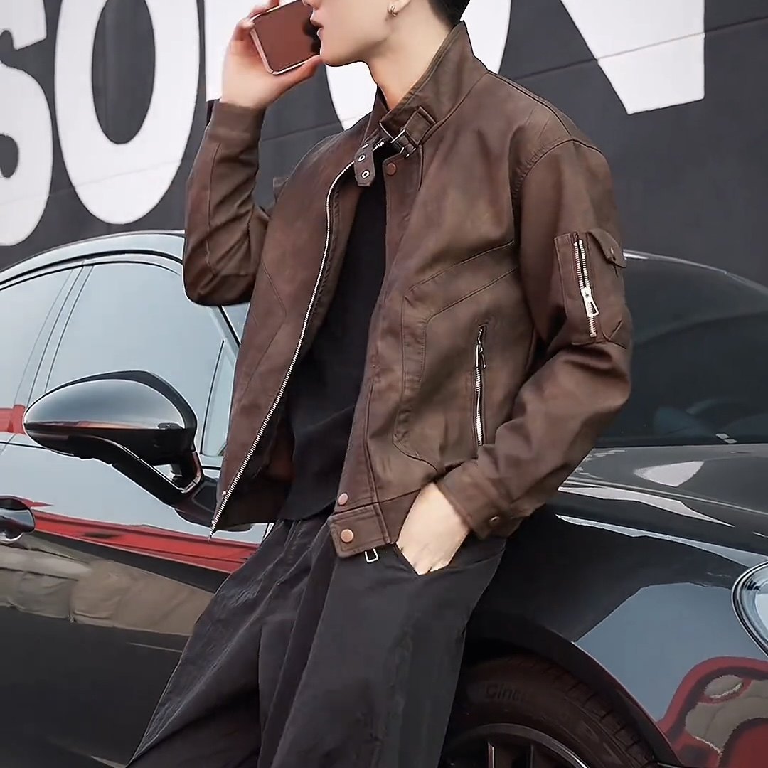 男士皮衣外套春秋季2025新款爆款男装上衣高级感痞帅百搭立领夹克