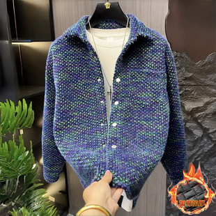 秋季新款高级感痞帅风男士小香风编织翻领衬衫燕尾式百搭休闲外套