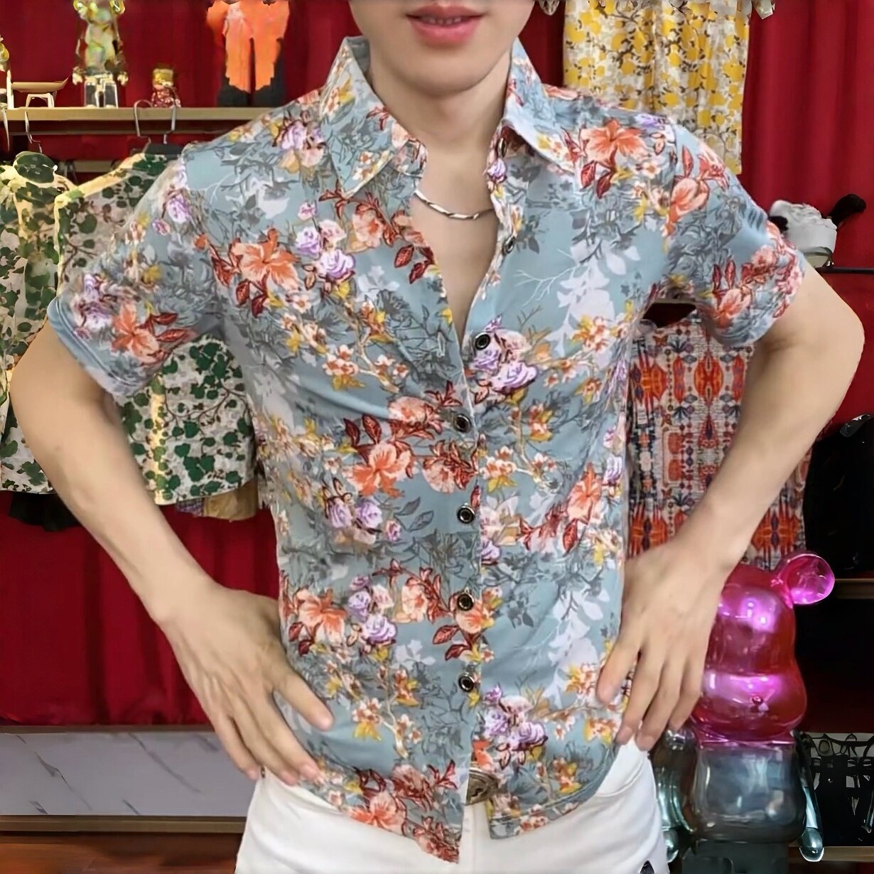 夏季新款男士潮流时尚花色翻领百搭修身薄款透气弹力短袖衬衫6110