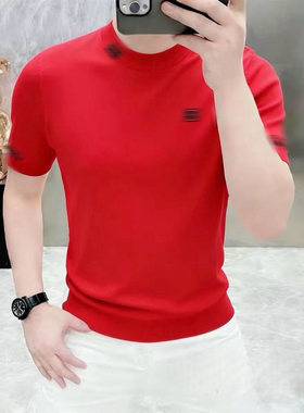 高档圆领冰麻针织短袖T恤男士春夏款潮流半袖打底衫体恤男装25387