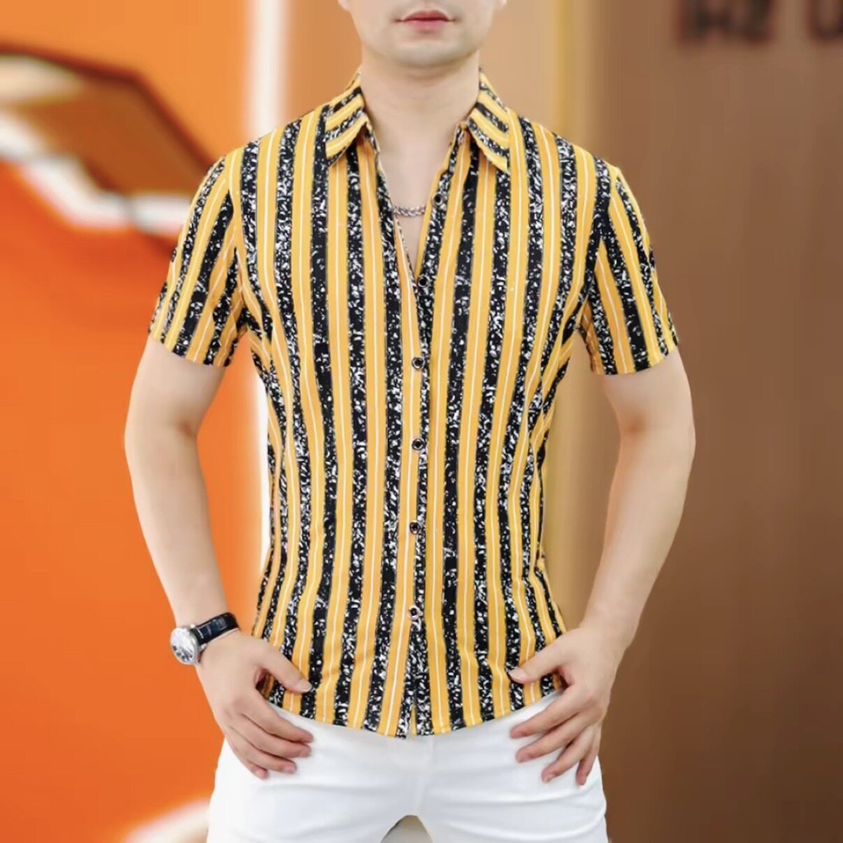 【严选】高品质夏季新款男士潮流时尚修身个性条纹轻奢短袖衬衫