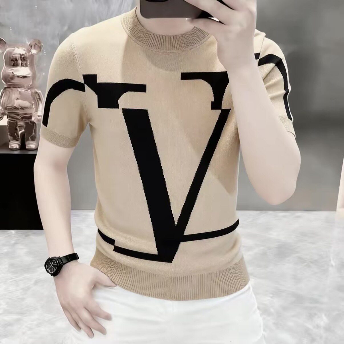 高档冰麻圆领针织短袖T恤男士春夏款时尚打底衫半袖体恤男装2570