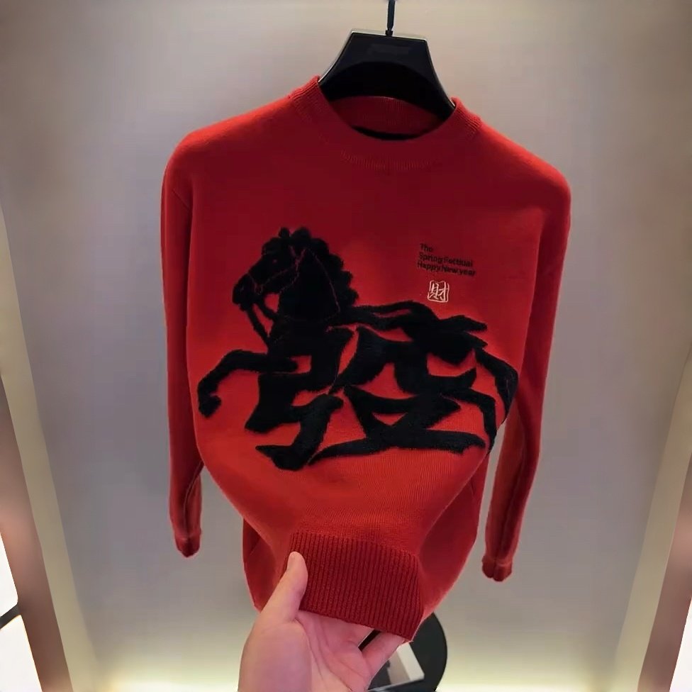 高档圆领马年红色毛衣男士秋冬本命年时尚针织衫打底衫男装25919