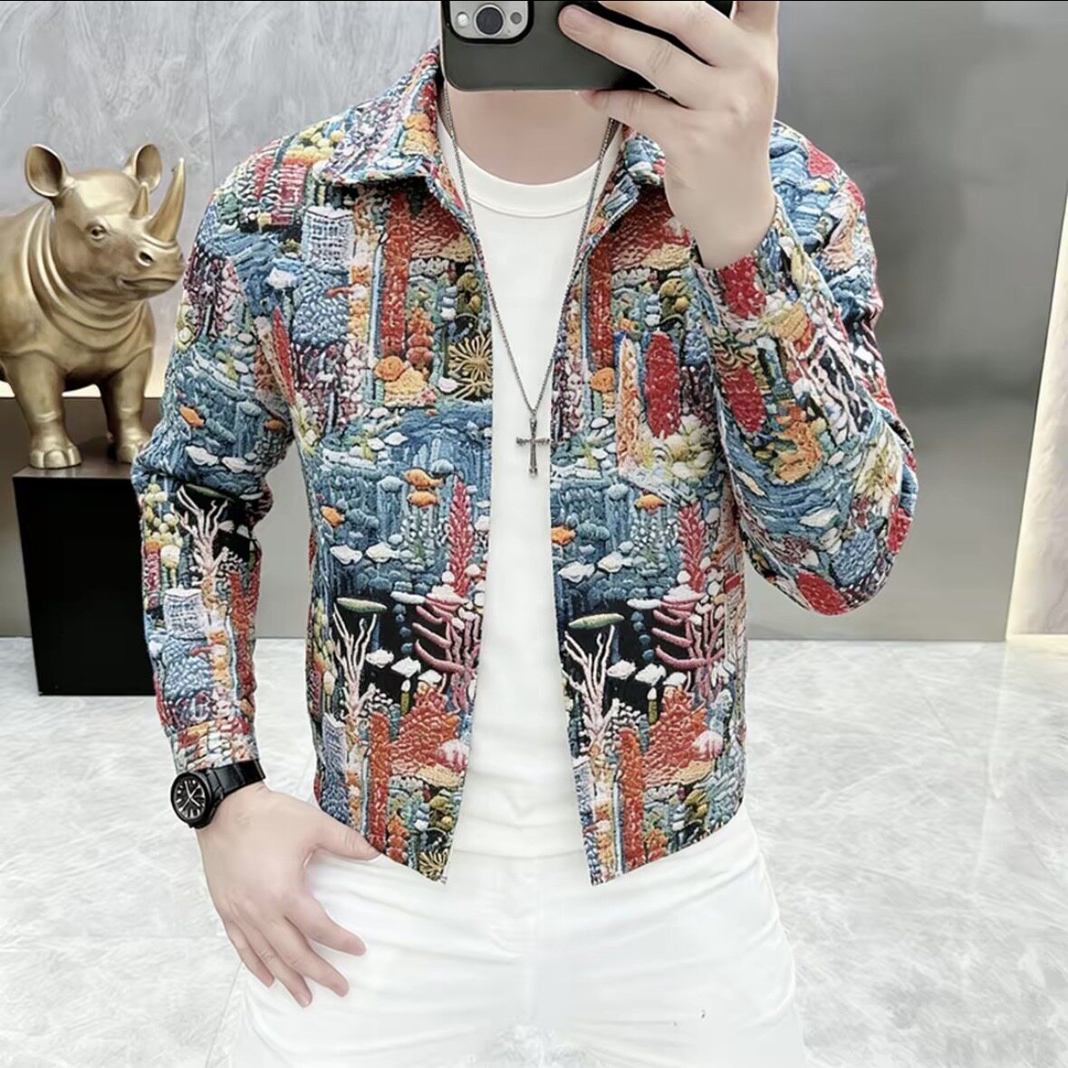2026新品简欧春秋男士翻领夹克修身彩色山水墨画上衣外套男装3335