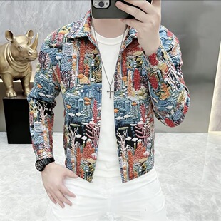 彩色山水墨画上衣外套男装 翻领夹克修身 3335 简欧春秋男士 2026新品