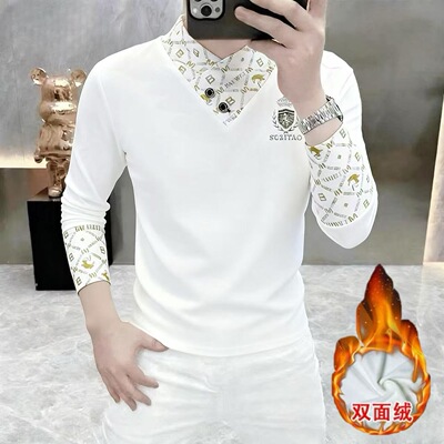 秋冬季德绒长袖男士保暖打底衫潮流加厚双面绒卫衣男士时尚提花男