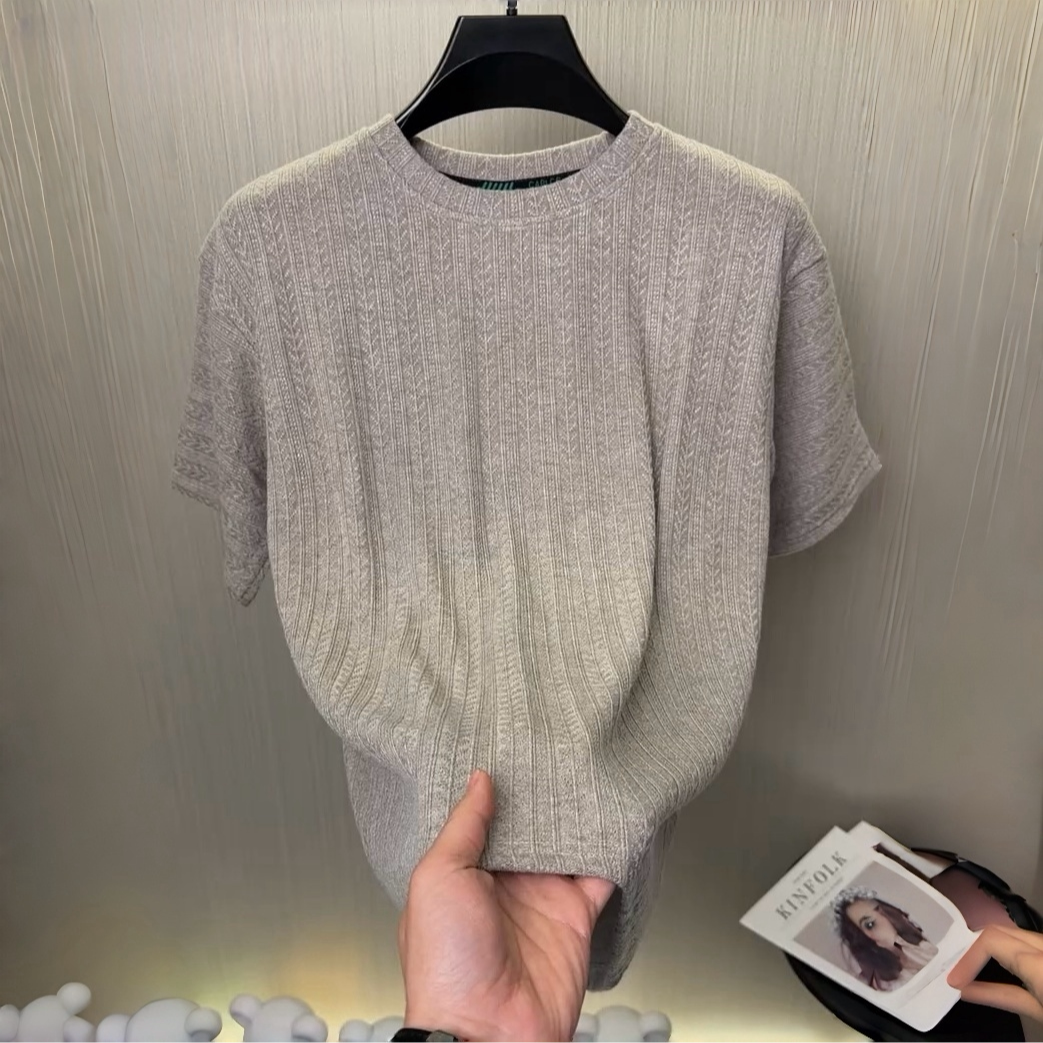 轻奢男士麦穗纹夏季冰丝短袖T恤宽松圆领针织半袖百搭打底衫6580