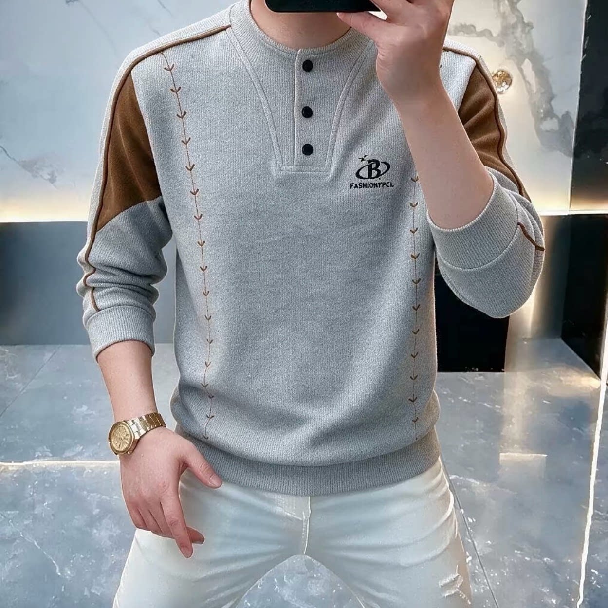 高端轻奢欧货男士时尚长袖T恤卫衣春秋休闲修身成熟打底衫2208