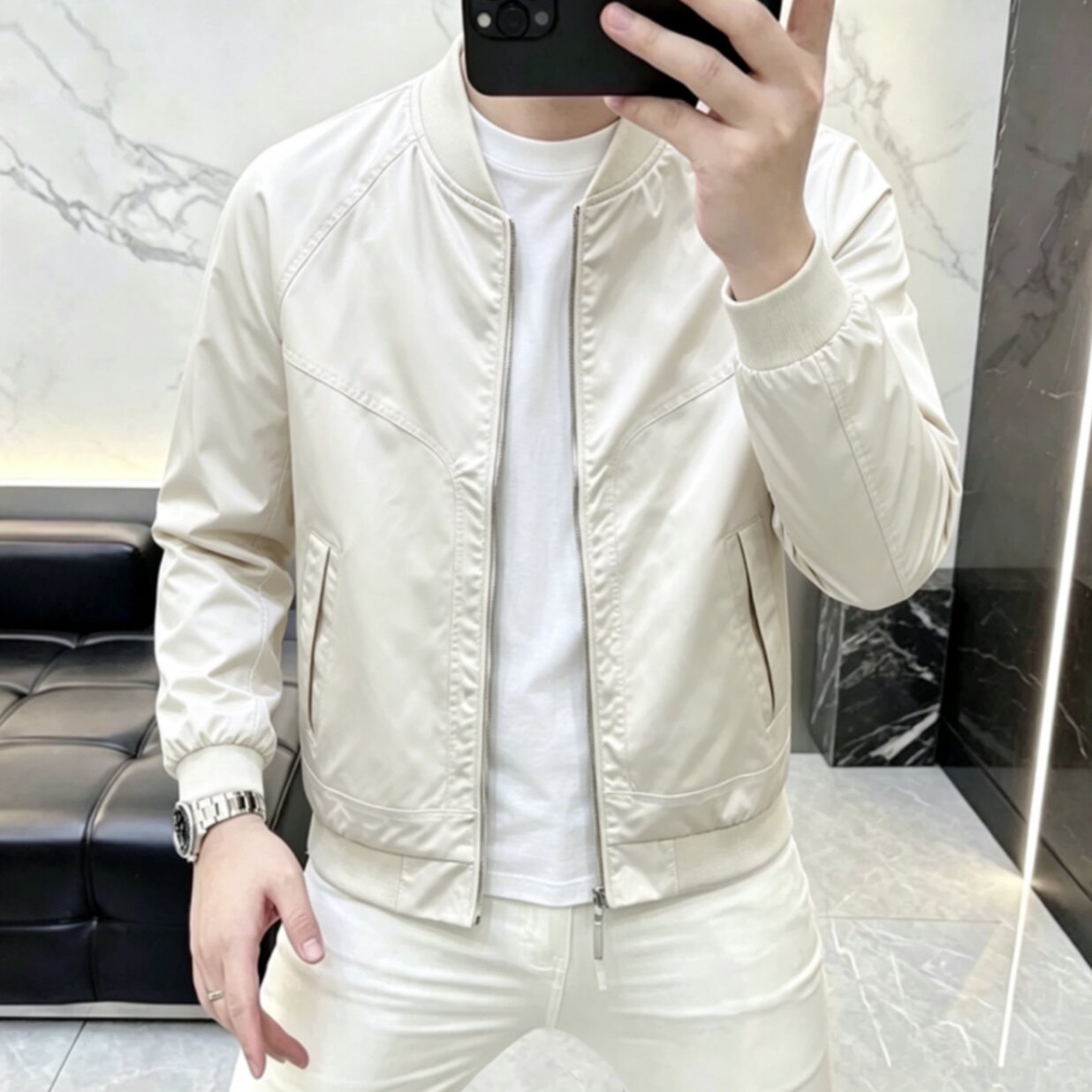 简欧春秋男士外套立领修身休闲时尚纯色轻奢夹克薄款潮流22215