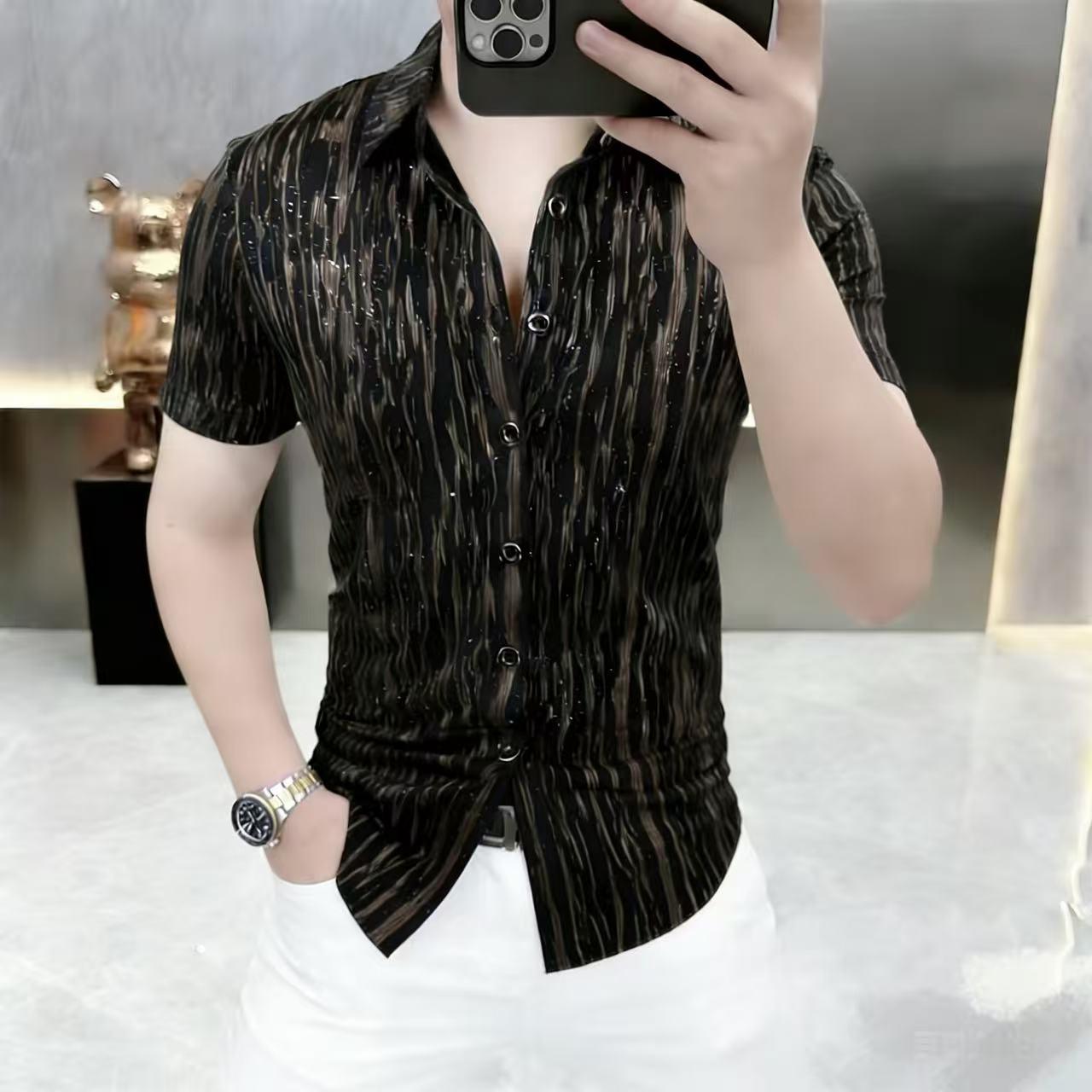 高档夏季欧货烫钻翻领短袖衬衫男士时尚潮流百搭半袖衬衣26006