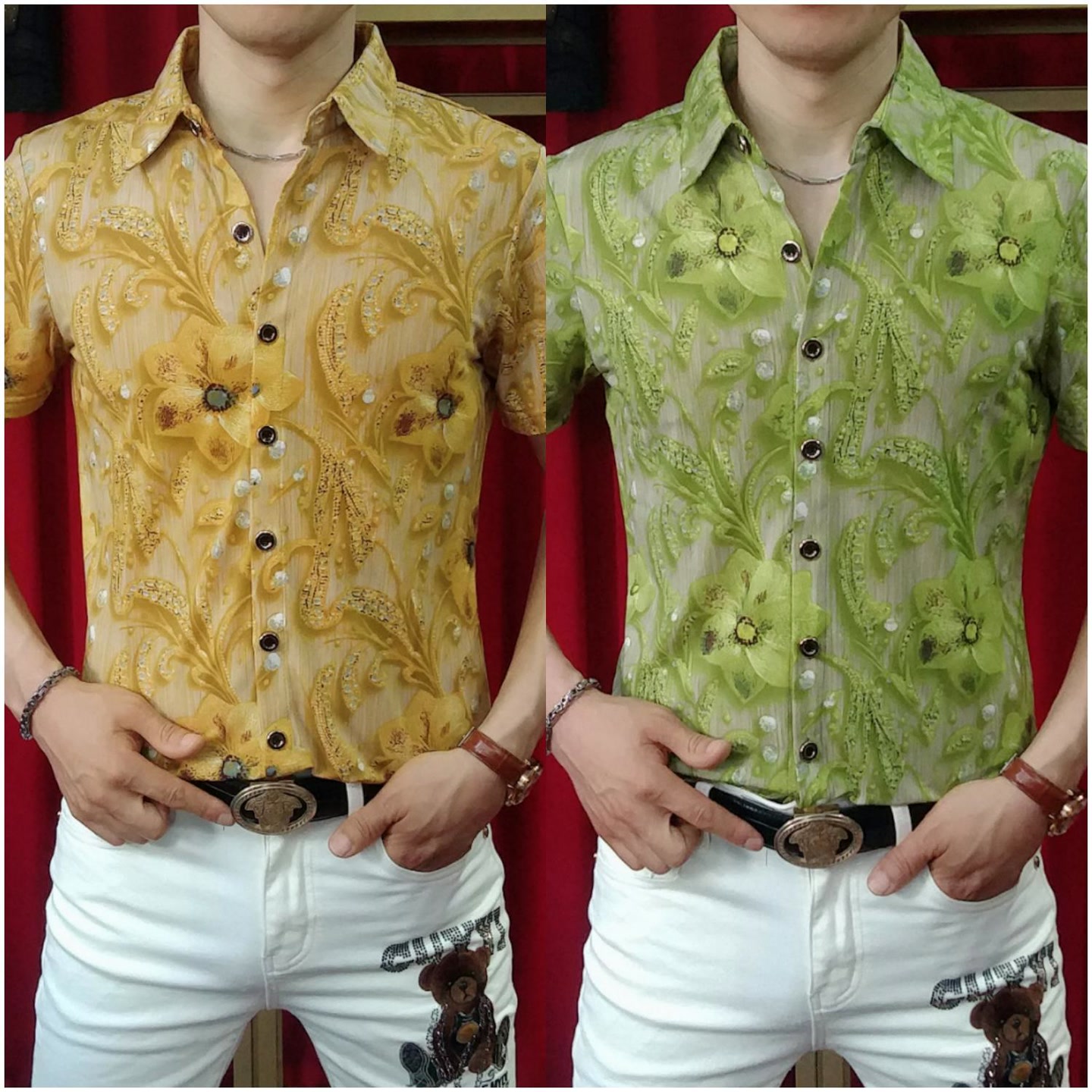 6017夏季新款男士时尚轻奢个性印花百搭修身翻领薄款短袖衬衫潮