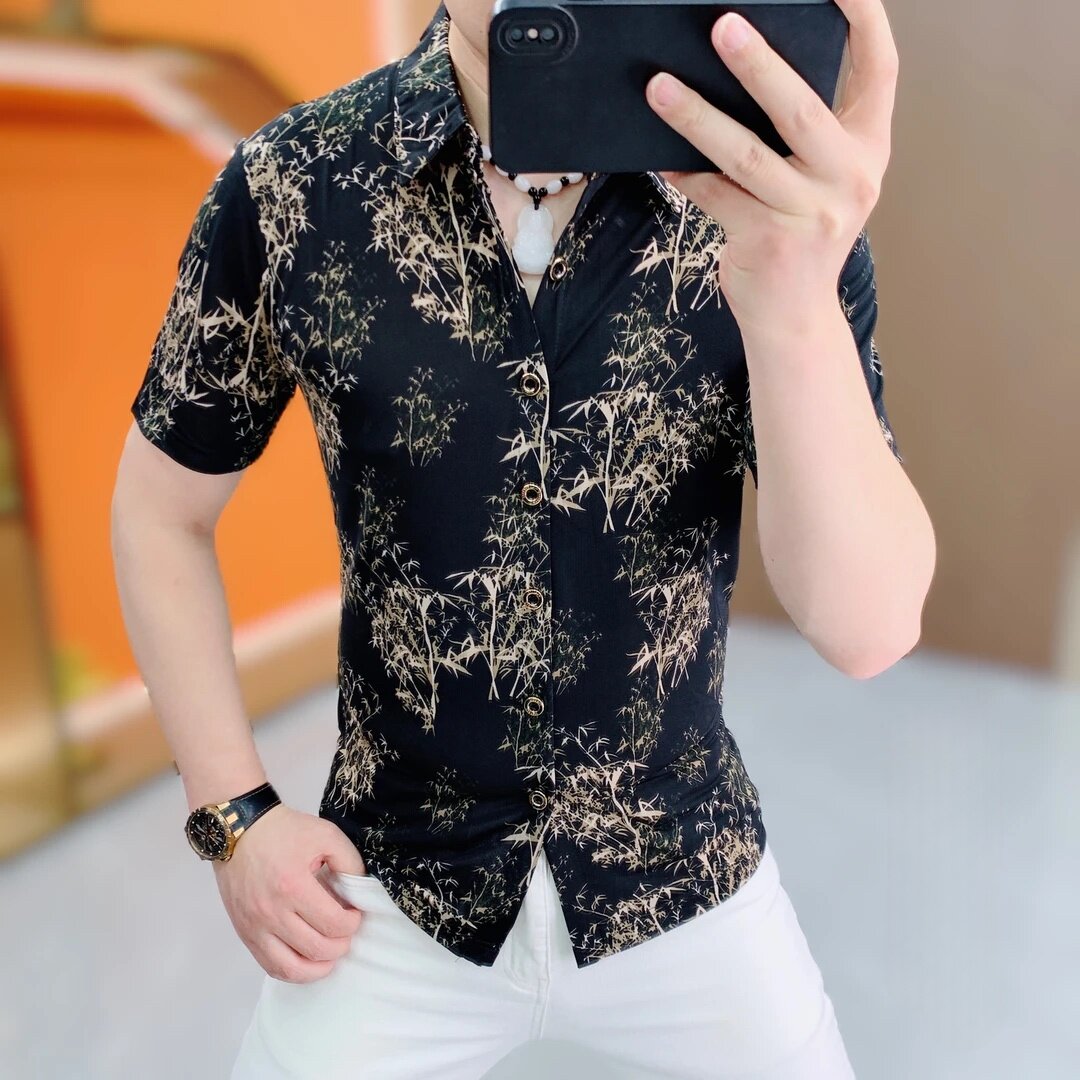 夏季新款男士冰丝潮流时尚印花百搭修身短袖衬衫