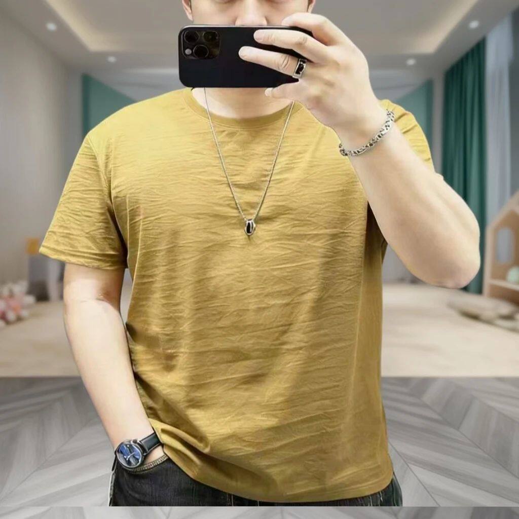 男士精品纯色棉麻t恤夏季薄款透气圆领半袖宽松简约百搭上衣