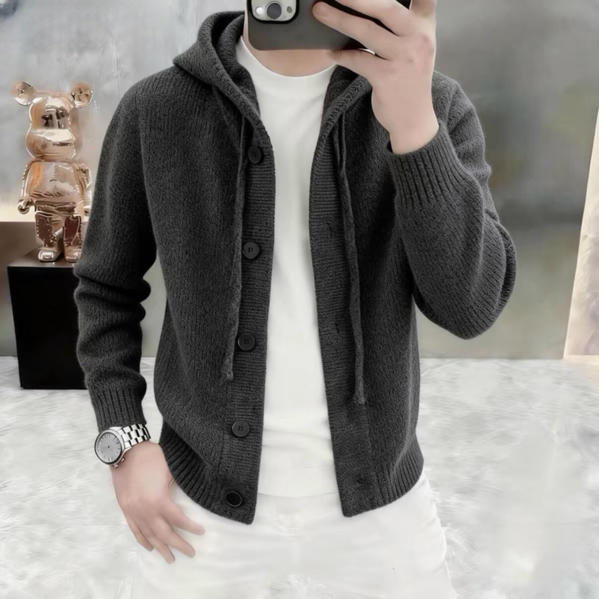 【简约时尚】高档连帽针织开衫外套男士春季潮流时尚毛衣男LO609