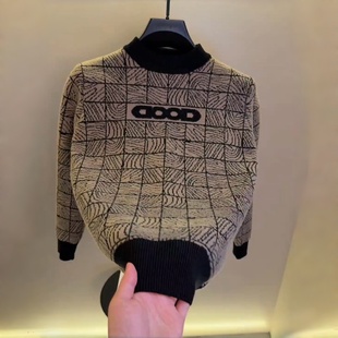 高档半高领提花针织衫毛衣男士秋冬保暖时尚潮流打底衫男装25882