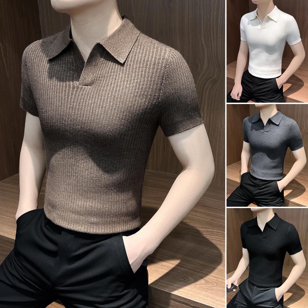 小V领polo衫男款爆款2026新款痞帅男装针织修身打底衫男士短袖t恤