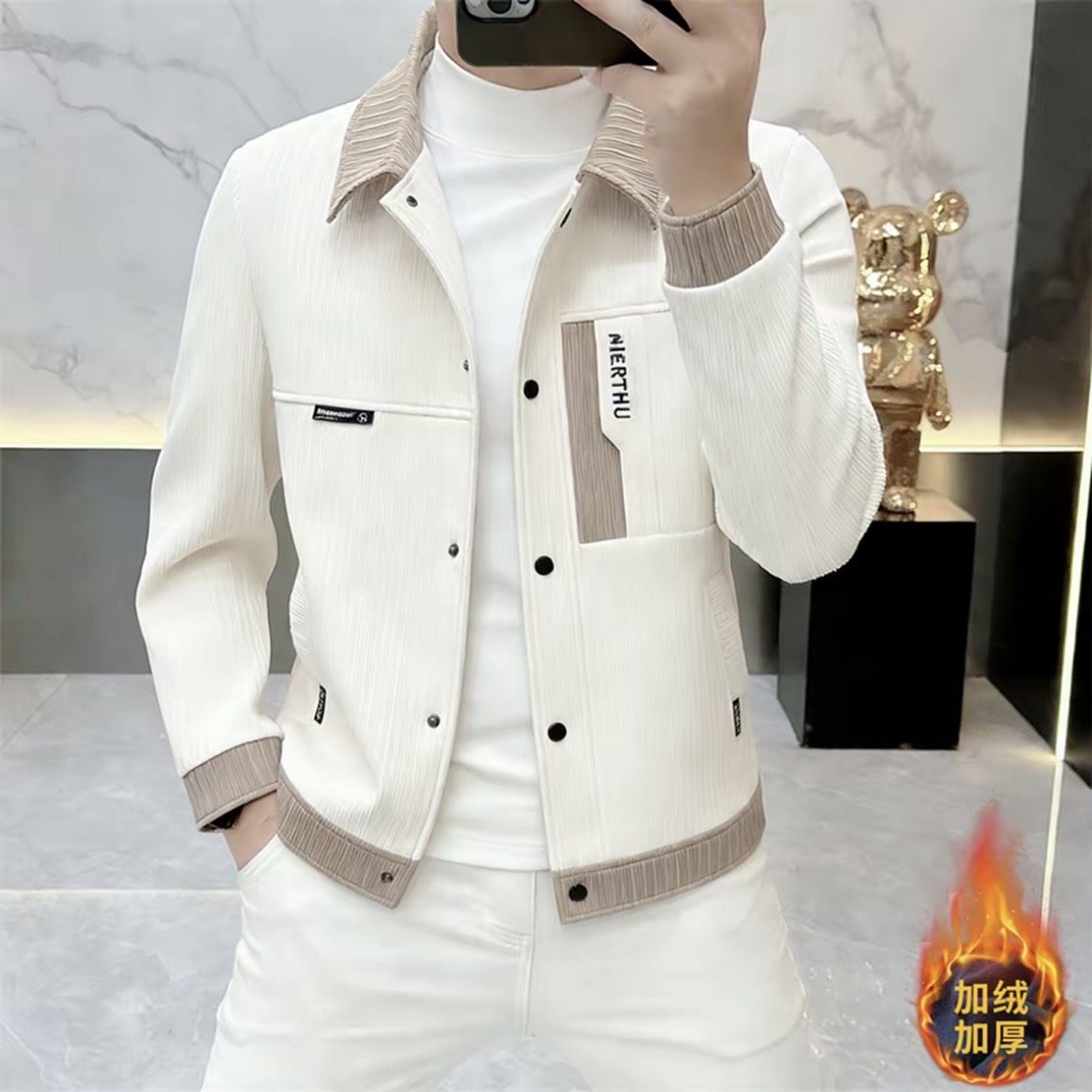 2026新款简欧秋冬加绒加厚夹克男士时尚帅气拼色保暖翻领外套8519