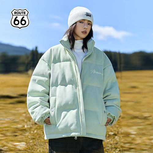ROUTE66/66号公路仿麂皮刺绣立领羽绒服情侣美式复古绒面保暖外套