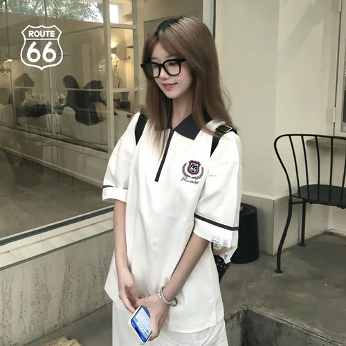 Route66/66号公路新款半拉链撞色哥特元素凉感弹力翻领Polo衫男