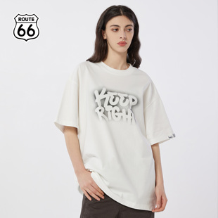 宽松潮流白色半袖 ROUTE66美式 情侣装 T恤夏季 上衣 复古虚影印花短袖