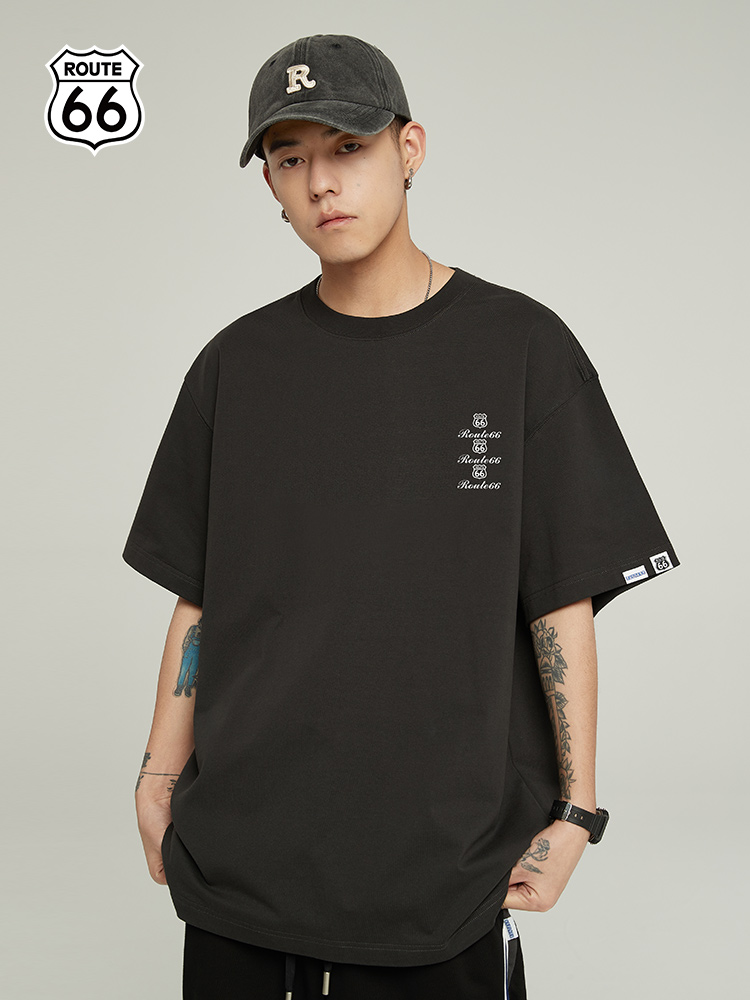 ROUTE66夏季LOGO印花短袖重磅310g潮流简约复古百搭圆领纯棉T恤