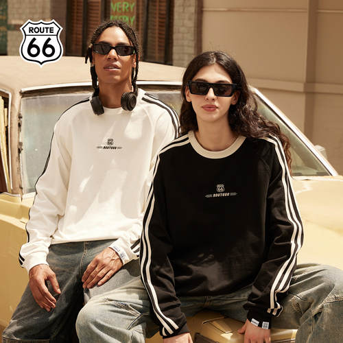 ROUTE66圆领长袖卫衣2026新款春夏美式复古情侣t恤上衣男女同款