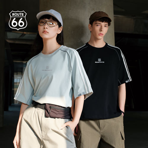 Route66/66号公路撞色反光短袖男速干凉感t恤情侣宽松圆领上衣女