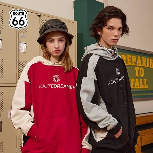 ROUTE66美式连帽卫衣男女同款红色拼接宽松2026秋季外套情侣红色