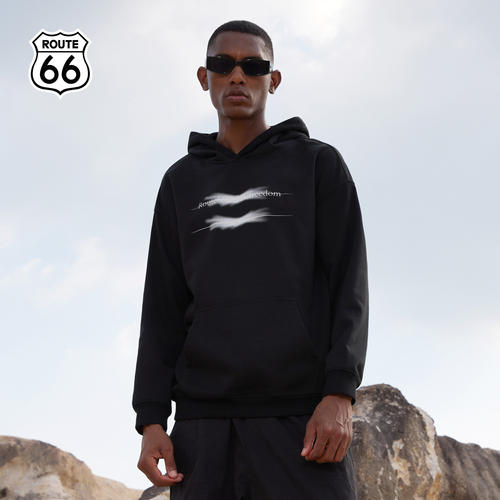 ROUTE66 美式复古重磅黑色连帽春秋卫衣情侣装潮牌宽松上衣