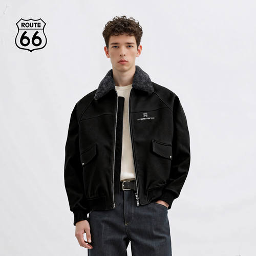ROUTE66白鸭绒翻领羽绒服情侣装冬季加厚PU皮夹克外套男女同款