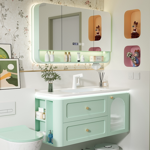 橡木浴室柜奶油风陶瓷盆圆角浴柜组合卫生间圆角洗漱台卫浴洗手盆