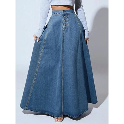 Women Mid Waist Skirts Denim Solid Vestidos Floor Length Dre