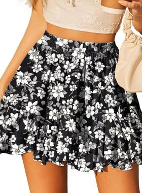 76HE Women's Layered Ruffle Hem Elastic Waist A-Line Skirt F