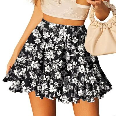 76HE Women's Layered Ruffle Hem Elastic Waist A-Line Skirt F