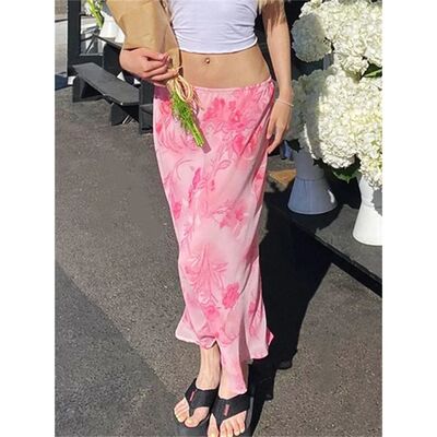 Women Floral Long Skirts Low Waist Chiffon Flowy Straight Sk