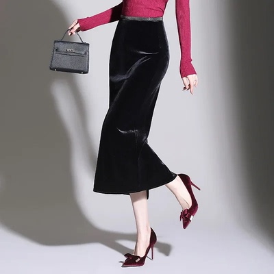 Gold Velvet Straight Cut Bodycon Midi Skirt for Women Spring