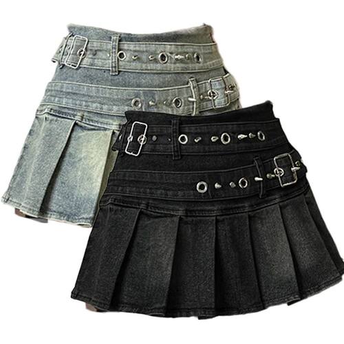 Women's Blue Black Riveted Belt Denim Skirt Y2K Harajuku Hig