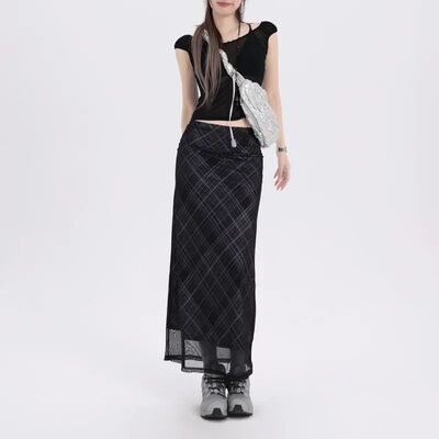 Summer New Plaid Elastic Tulle Straight Long Skirt Women's A