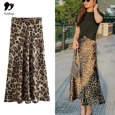 Koekop Fall Vintage Satin Skirt Woman Elegant Skirts Leopard