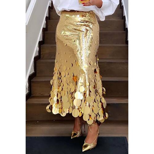 Plus Size Women Formal Skirts Elegant Gold Silver Long Sequi