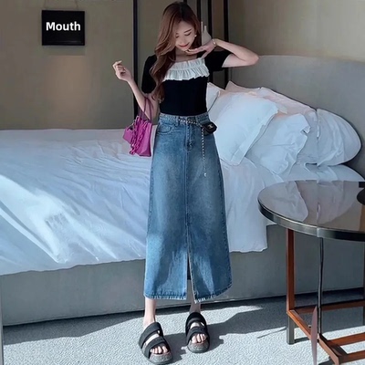 Fashionable Versatile High Waist Slit Denim Mini Skirt Women