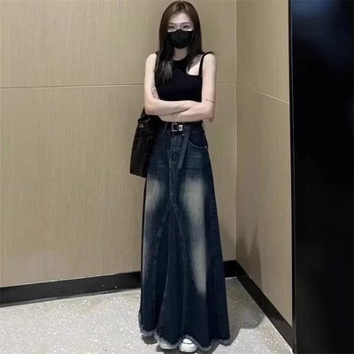 Retro Washed Distressed Denim Half-skirt Women's A- line Mid