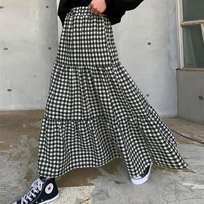 Maxi Gingham Skirt Women Ankle Length Cotton-linen Black & W