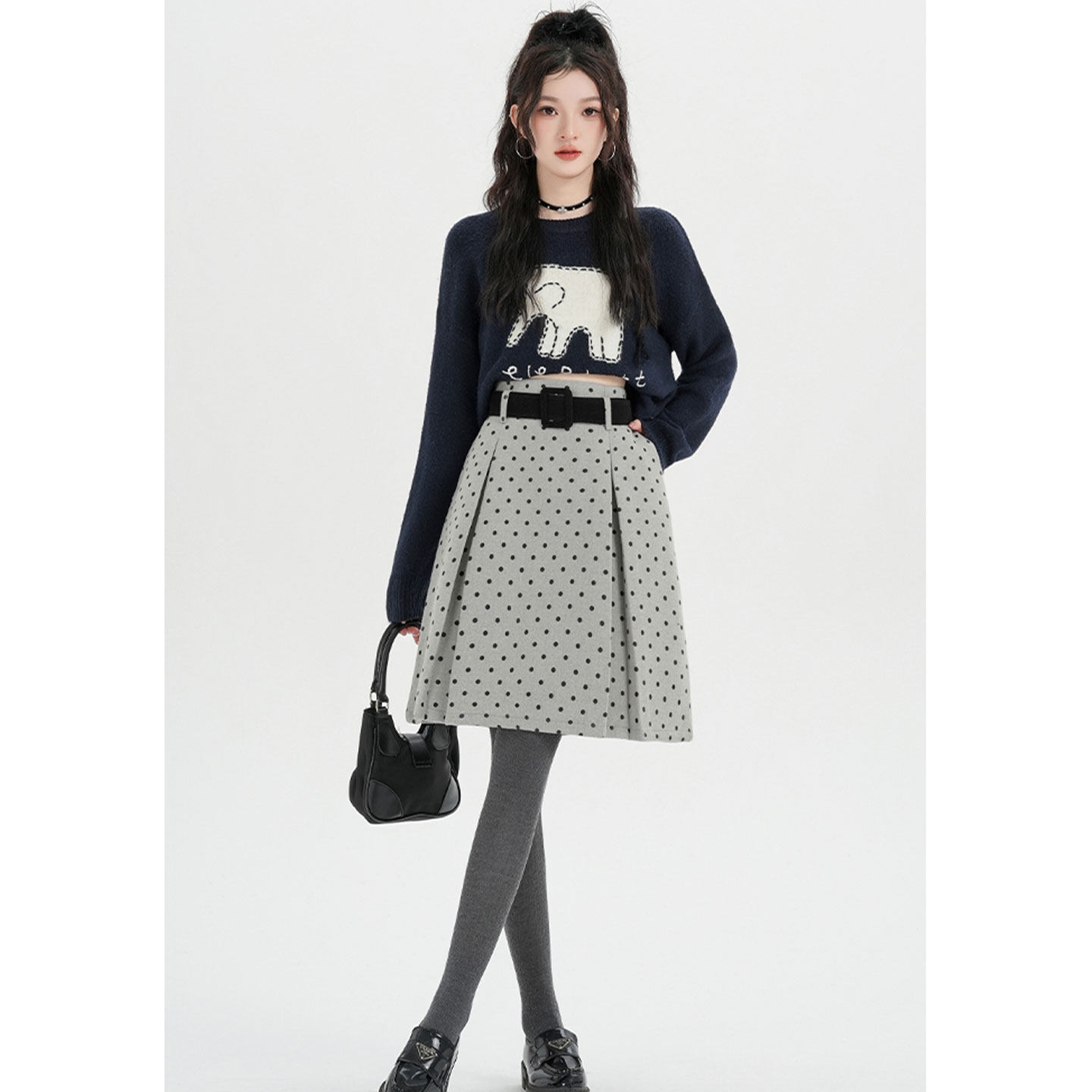 复古韩系波点半身裙女秋冬高腰气质灰色a字裙显瘦压褶毛呢中裙子,女装/女士精品,半身裙,淘宝优惠券,粉丝福利购,淘宝优惠卷