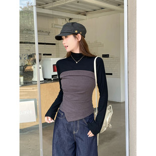 韩系高级感圆领撞色拼接长袖T恤女2026春季新款修身小上衣打底衫
