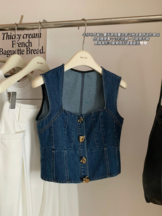 马甲上衣 洋气别致减龄薄衬衫 时髦金扣方领牛仔背心女2024新款 夏季