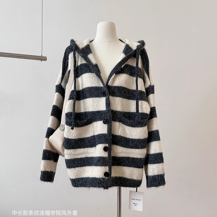 连帽条纹长袖针织开衫女厚2025