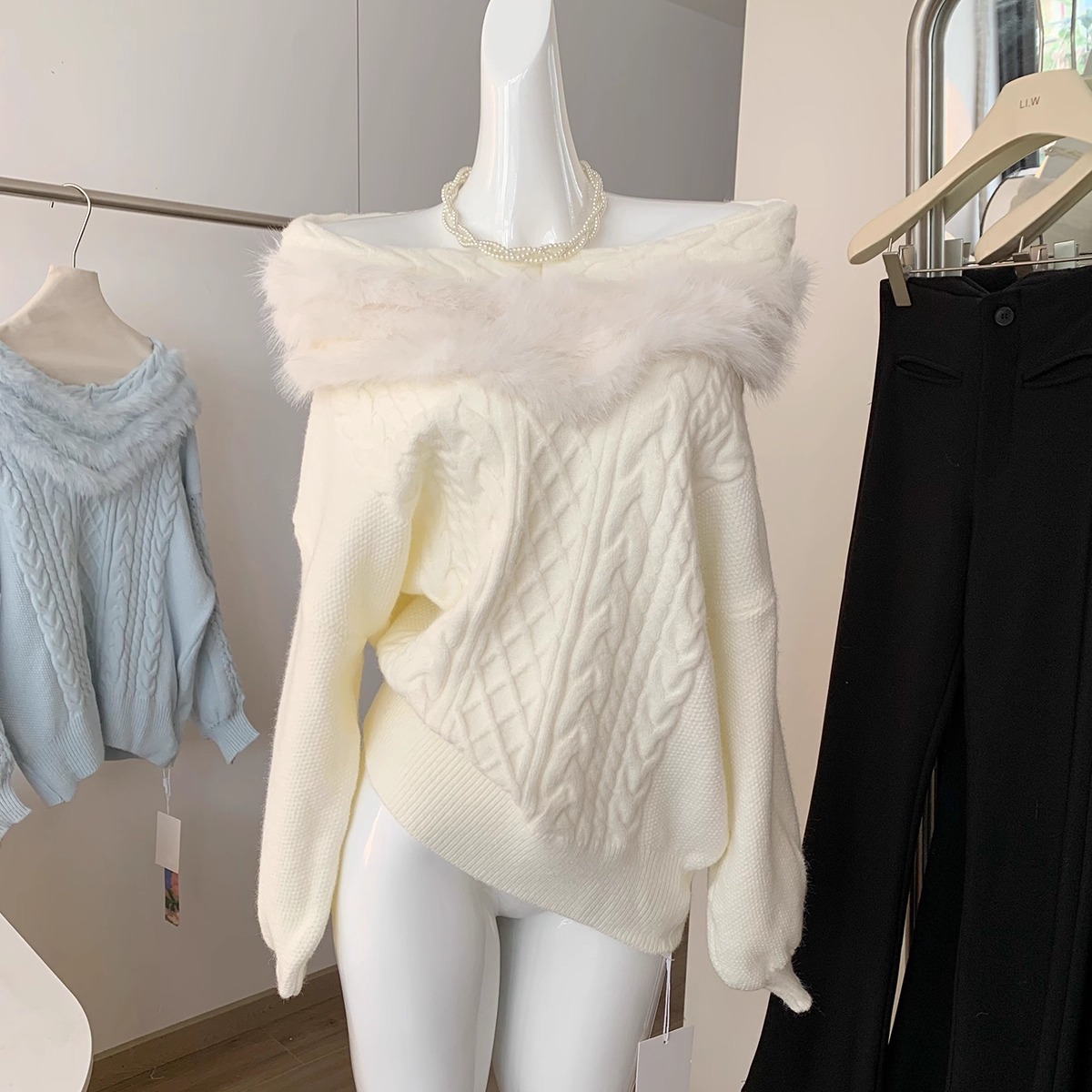 白色狐狸毛加厚毛衣女外套秋冬